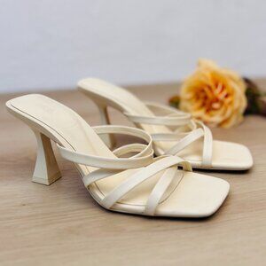 Zara Strappy Off White High Heel Leather Sandals 3.3" Heeled Mules US 8 / EU 39